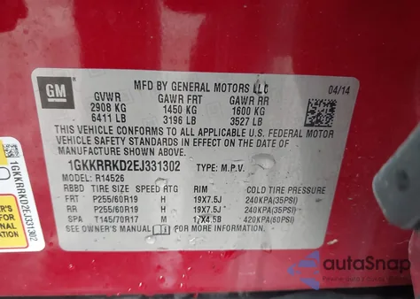 2014 GMC Acadia Slt-1 from USA, damaged, VIN 1GKKRRKD2EJ331302